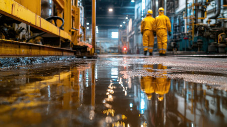 Two men in yellow protective gear walk through a wet industrial area. Concept of caution and safety, as the workers are wearing protective gearの素材