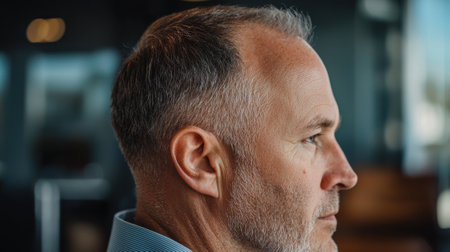 A man with a bald head and a beard. He is wearing a blue shirt. The man is looking at the cameraの素材