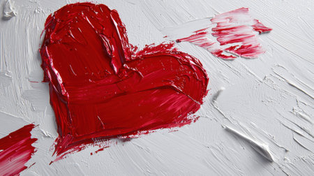 A red heart with red paint on it is on a white background. The heart is broken, and the paint is splattered all over the background. Scene is sad and melancholic, as the heart is no longer wholeの素材