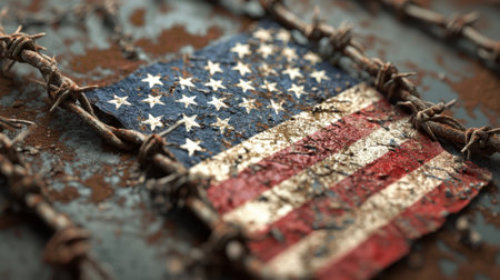 A rusty, torn and dirty American flag is surrounded by barbed wire. The flag is tattered and torn, and the barbed wire is twisted and bent. Concept of decay and abandonmentの素材