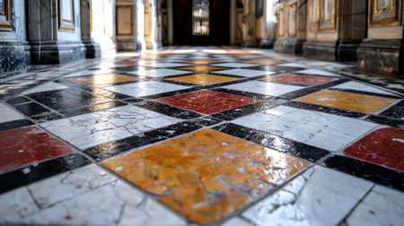 A large room with a tiled floor that is mostly white and red. The floor is made up of many small squaresの素材