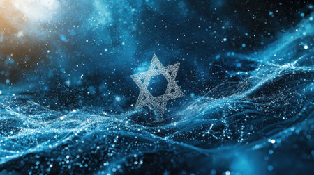A star of David is floating in the ocean. The star is surrounded by a blue and white swirl of water. Concept of peace and tranquility, as the star is a symbol of hope and faithの素材