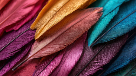 A colorful feather pattern with a variety of colors including red, yellow, green, and blue. The feathers are arranged in a way that creates a sense of movement and depthの素材