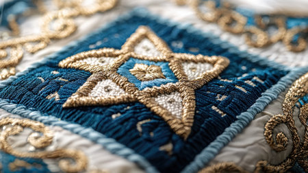 A blue and white star with gold embroidery. The star is embroidered with gold and blue threadの素材