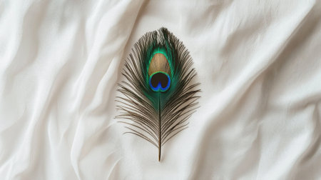 A peacock feather is displayed on a white background. The feather is the main focus of the image, and it is the most prominent elementの素材