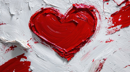 A red heart is painted on a white background. The heart is surrounded by red paint, and the background is also painted in red. The painting has a romantic and passionate moodの素材