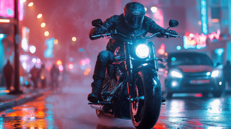 A man is riding a motorcycle in the rain with a neon sign in the background. The scene is dark and moody, with the neon sign adding to the overall atmosphereの素材