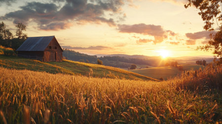 A small house is in the middle of a field with a beautiful sunset in the background. The sun is setting behind the house, casting a warm glow over the entire scene. The field is filled with tall grassの素材