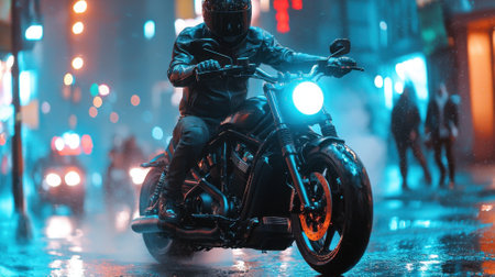 A man is riding a motorcycle in the rain. The scene is set in a city with a lot of traffic and people walking around. Scene is somewhat dark and moody, with the rain adding to the overall atmosphereの素材