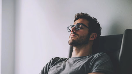 A man wearing glasses and a gray shirt is sitting in a chair. He is looking at the camera with a smile on his faceの素材