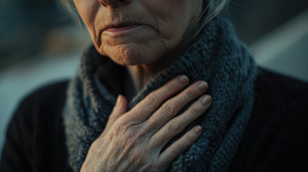 A woman with a scarf around her neck and a hand on her chest. She looks sad and tiredの素材