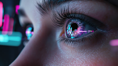 A woman's eye is lit up with a bright pink glow. The eye is surrounded by a blurry, pixelated background. Concept of futuristic technology and a futuristic, otherworldly atmosphereの素材