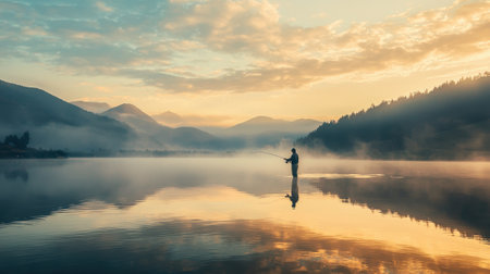 A man is fishing in a lake with a beautiful view of mountains in the background. The water is calm and the sky is a mix of blue and orangeの素材