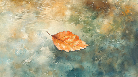 A leaf is floating on the water. The leaf is orange and the water is blueの素材