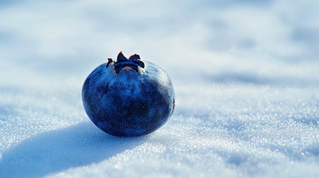 A blueberry is sitting on top of the snow. The blueberry is surrounded by a white snowの素材