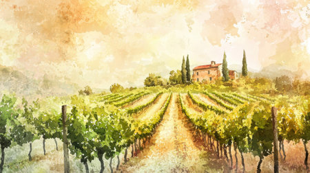 A painting of a vineyard with a house in the background. The mood of the painting is peaceful and sereneの素材