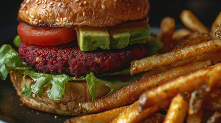 A burger with avocado and tomato on it sits on a plate next to a pile of French friesの素材