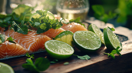 A plate of salmon and limes on a wooden cutting board. The salmon is cut into pieces and the limes are sliced. The plate is set on a tableの素材