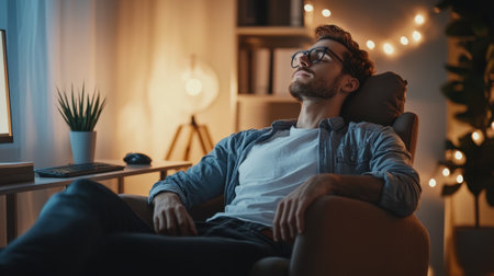 A man is laying in a chair in a dimly lit room. He is wearing glasses and he is relaxedの素材