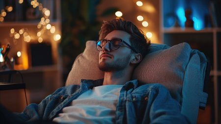 A man is sleeping on a couch with a pillow behind him. He is wearing glasses and a blue jacketの素材