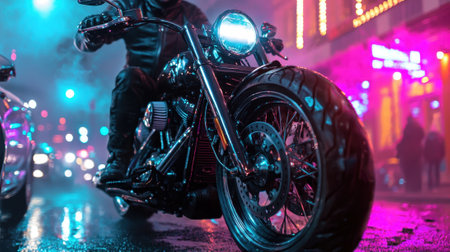 A man is riding a motorcycle in the rain. The motorcycle is lit up with neon lights, creating a moody and atmospheric sceneの素材