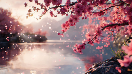 A beautiful scene of a cherry blossom tree with pink flowers and a body of water in the background. Concept of tranquility and serenity, as the pink blossomsの素材