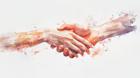 A painting of two hands shaking hands. The painting is in watercolor and has a warm, friendly feelingの素材