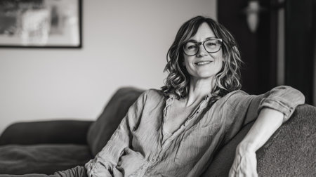A woman is sitting on a couch with her arms crossed and a smile on her face. She is wearing glasses and a gray shirtの素材