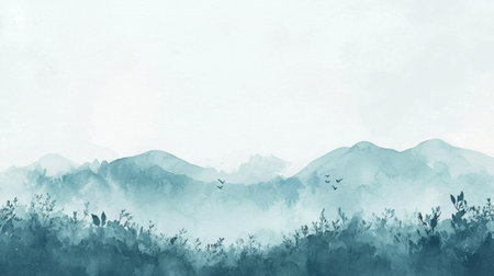 A mountain birds range with a blue sky and a few flying in the sky. The mountains are covered in trees and the sky is clear and blueの素材