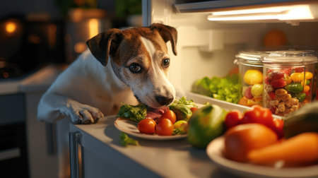 A dog is eating food from a refrigerator. The refrigerator is full of food, including vegetables and fruitsの素材