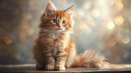 A cute orange cat with long fur is sitting on a wooden table. The cat has a curious expression on its face, and its fur is fluffy and soft. Concept of warmth and comfortの素材