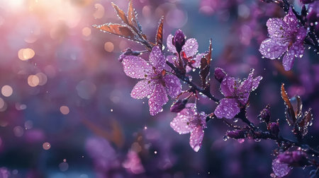 A close up of a purple flower with raindrops on it. The flower is surrounded by a blurry background, giving the impression of a dreamy, ethereal atmosphereの素材