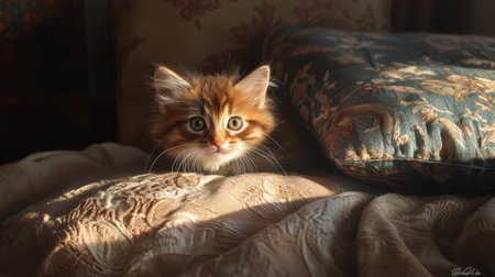 A kitten is sitting on a bed with a pillow. The kitten is looking at the camera. The pillow is blue and has a floral patternの素材