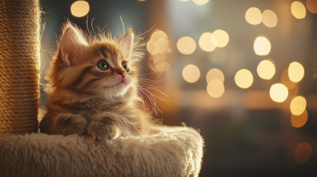 A kitten is sitting on a cat tree and looking at the camera. The scene is warm and inviting, with the kitten's bright eyes and fluffy fur creating a sense of comfort and joyの素材