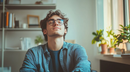 A man is sitting in a room with a potted plant and a window. He is wearing glasses and he is relaxedの素材