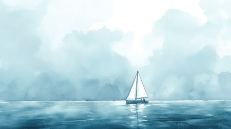 A small sailboat is floating on a calm blue sea. The sky is cloudy, and the water is still. The scene is peaceful and serene, with the boat being the only object in the waterの素材