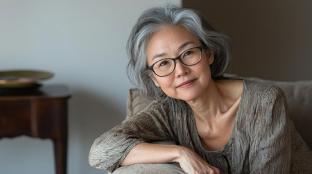 A woman with glasses is sitting on a couch. She is smiling and looking at the camera. The couch is located in a living roomの素材