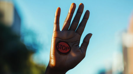 A hand is holding a stop sign. The hand is black and the sign is red. The hand is in the air and the sky is blueの素材