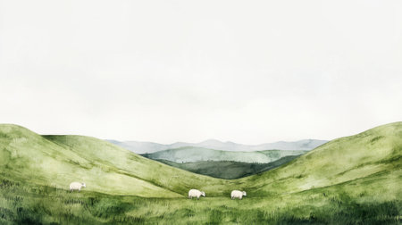 A painting of a field with three sheep grazing in the grass. The painting has a peaceful and serene mood, with the sheep and the green grass creating a sense of calmness and tranquilityの素材
