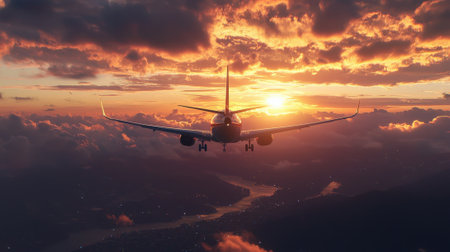 A plane is flying through a cloudy sky with a beautiful sunset in the background. Scene is serene and peaceful, as the plane soars through the sky, leaving a trail of clouds behind itの素材