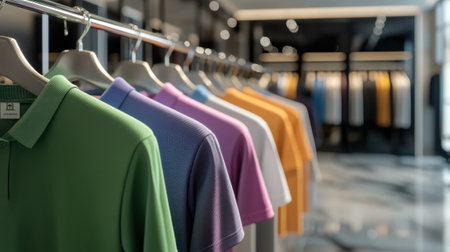 A rack of shirts in a store with a variety of colors. Scene is bright and cheerful, as the colors of the shirts are vibrant and eye-catchingの素材