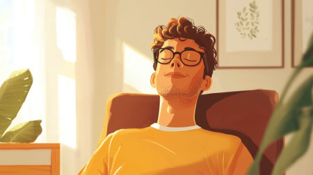 A man in a yellow shirt is sitting in a chair with his eyes closed. He is relaxed and enjoying the momentの素材