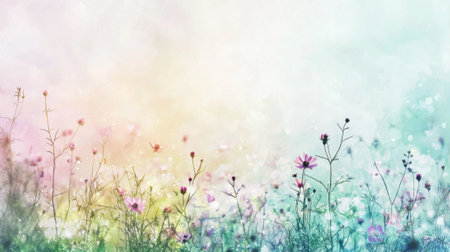 A field of flowers with a bright blue sky in the background. The flowers are of various colors and sizes, and they are scattered throughout the fieldの素材