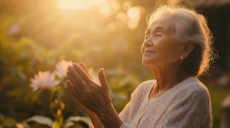 A woman is praying in a garden. She is smiling and has her hands clasped together. The scene is peaceful and serene, with the sun shining brightly overheadの素材