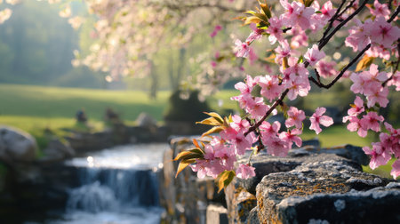 A beautiful pink tree with pink flowers is in a park. The tree is surrounded by a stone wall and a small stream. The scene is peaceful and serene, with the pink flowers adding a touch of colorの素材