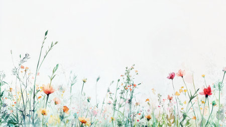 A painting of a field of flowers with a white background. The flowers are in various colors and sizes, and the overall mood of the painting is peaceful and sereneの素材