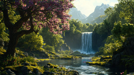A beautiful waterfall is surrounded by a lush green forest. The trees are full of pink blossoms, creating a serene and peaceful atmosphere. The water cascades down the rocksの素材