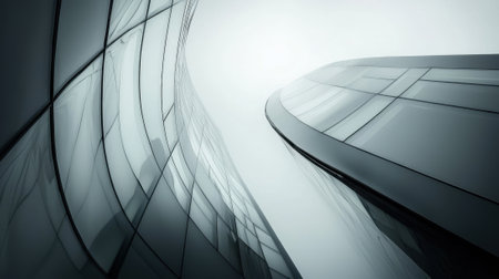 A city skyline with two tall buildings and a cloudy sky. The buildings are made of glass and have a modern design. The sky is overcast, giving the scene a somewhat gloomy and moody atmosphereの素材