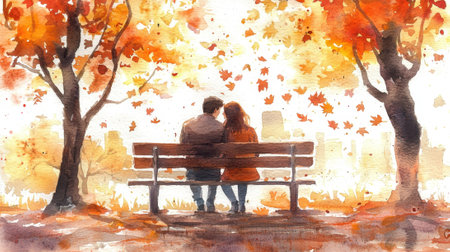 A couple is sitting on a bench in a park, surrounded by trees and leaves. The scene is peaceful and romantic, with the couple enjoying each other's company in the beautiful autumn settingの素材