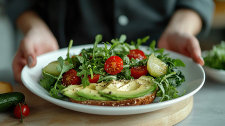 A person is holding a plate of food with avocado, tomatoes, and greens. The plate is on a wooden tableの素材